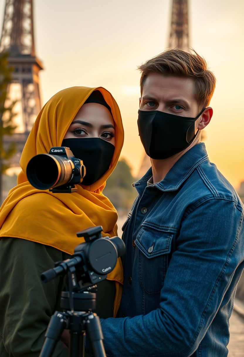 Jamie Dornan's head and body shot, handsome, black face mask, blue jeans jacket, dating the biggest hijab-wearing yellow Muslim girl, beautiful eyes, black face mask, green army leather jacket pattern, biggest skirt, DSLR Canon camera, tripod, taking photos of the Eiffel Tower, sunrise, morning scenery, hyper-realistic, street photography.