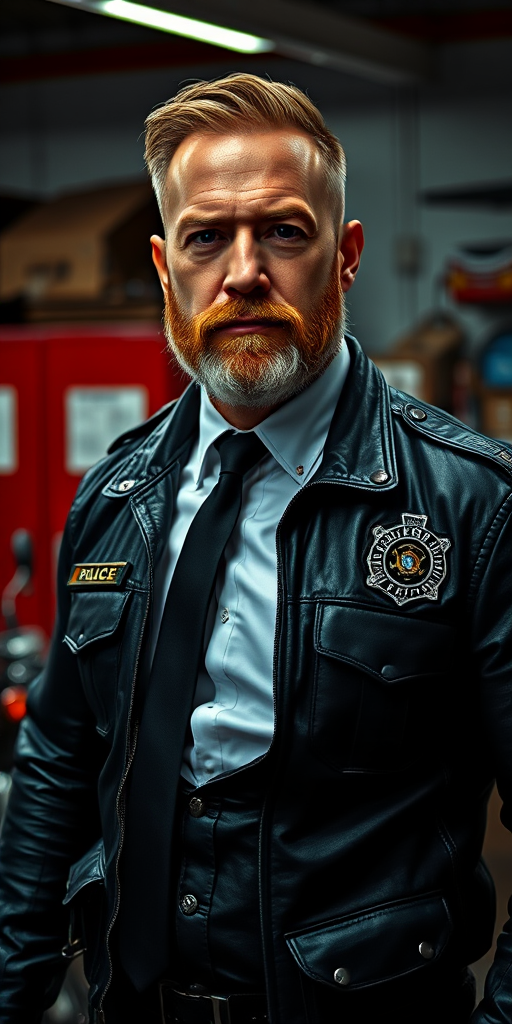 A high-resolution portrait of a muscular, bearded 60-year-old male police officer in a dimly lit garage. He wears a tight black leather jacket with police insignia, over a white shirt and black tie. His serious expression contrasts with blurred red metal cabinets and a motorcycle in the background, enhancing the industrial atmosphere. - Image