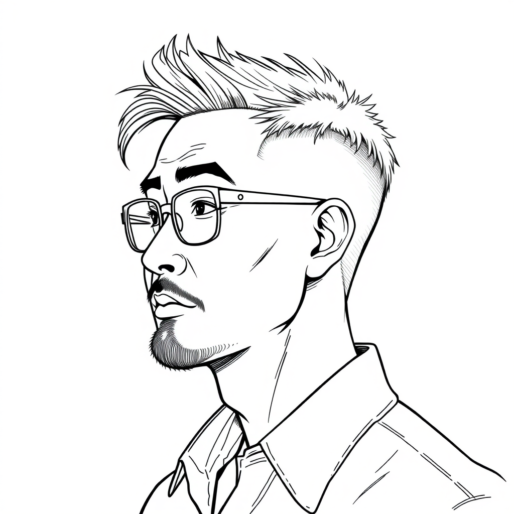 A cool line drawing of a man around 35 years old, with short and clean hair, a robust physique, in profile, Chinese, wearing framed glasses, has a slightly short beard on his chin, dressed in a shirt, with a somewhat rogue temperament, and a face that is well-defined and full.