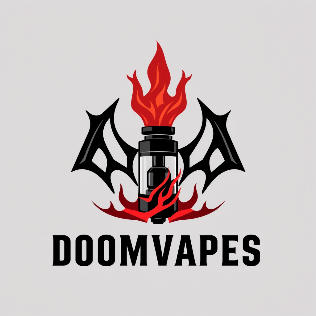 Sleek, logo design for DoomVapes featuring a stylized vape tank engulfed in ethereal, crimson flames. blend with modern simplicity. Geometric shapes evoke demonic symbolism. Bold, sans-serif typography in obsidian black.