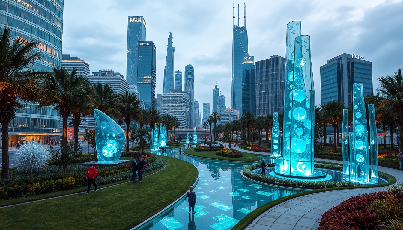 A futuristic city park with glass sculptures and interactive installations.