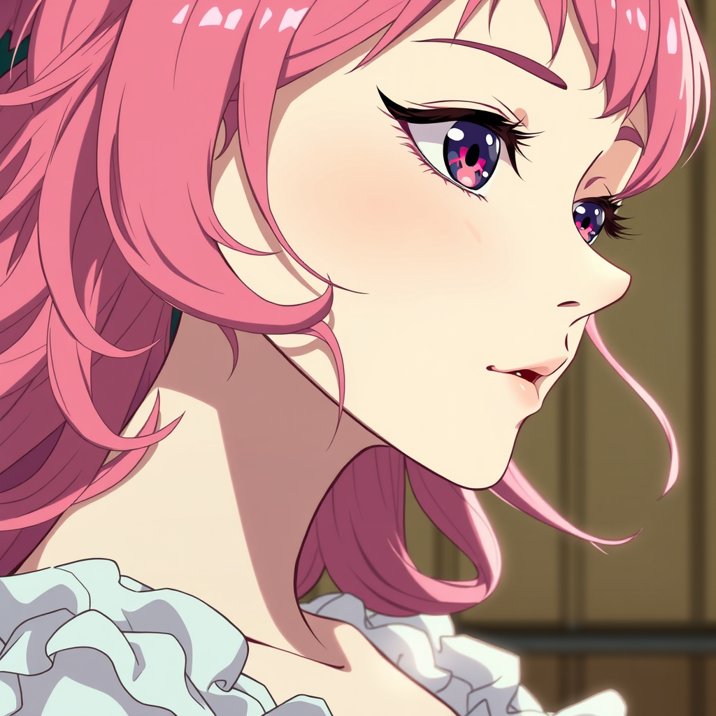 Anime art of a motherly woman, close-up, pink hair, frilly dress, detailed scene, stunning details, trending on artstation, anime artwork, anime cel shading. - Image