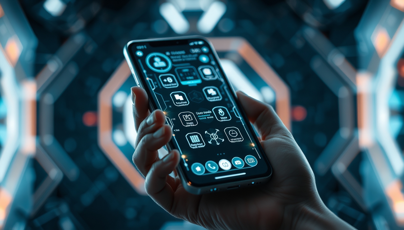 A close-up of a hand holding a futuristic smartphone, with holographic interfaces and glowing icons, set against a dark, tech-inspired background. - Image