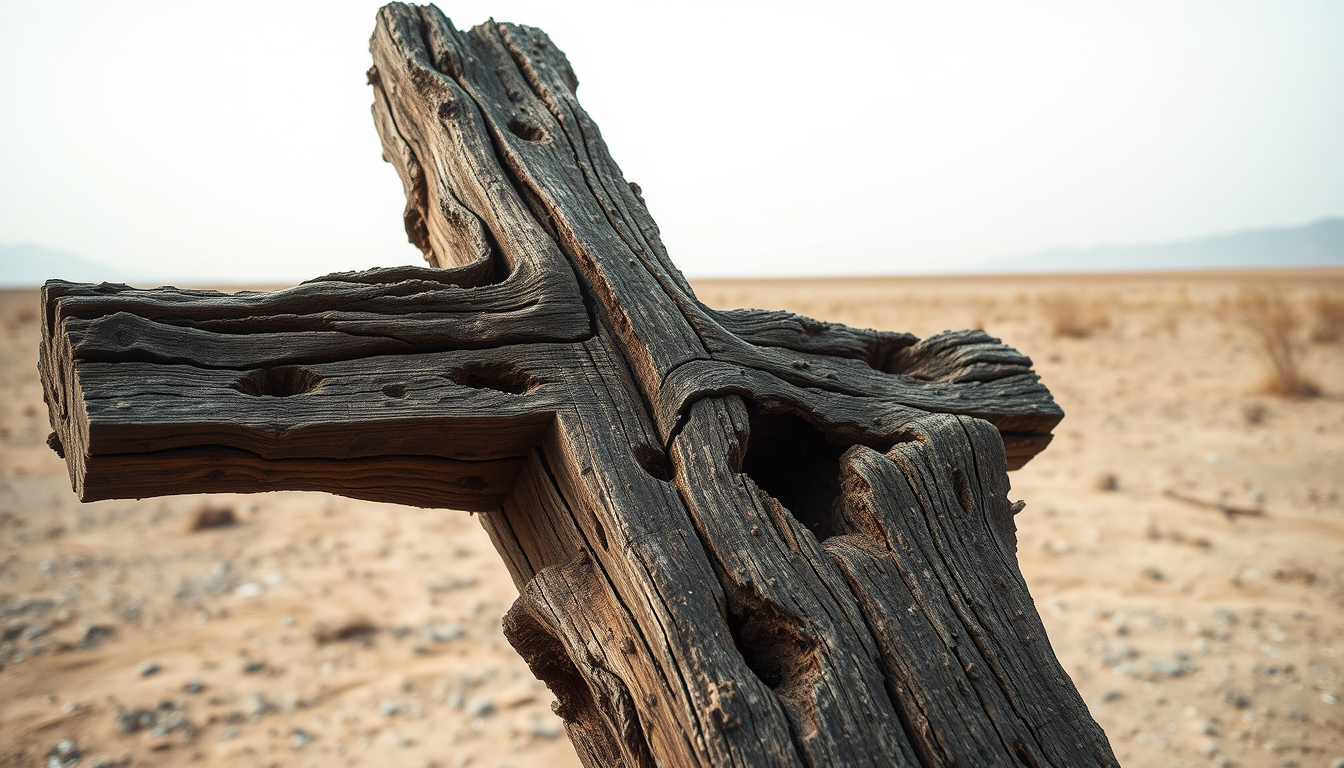 a wet wooden cross that is crumbling with visible signs of bad fungal degradation, wet rot and dry rot. The wood appears to be old and weathered, with a rough texture and deep grooves. The surface of the wood is rough and uneven, with some areas of the bark appearing darker and more jagged. There are several small holes scattered throughout the wood, some of which are larger than others. The whole cross is seen standing in a barren desert landscape. The overall feel is depressing and desolation.