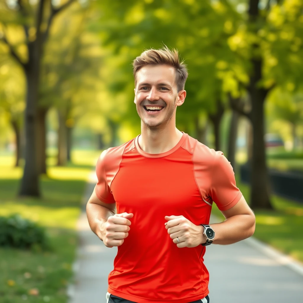 A man in his 30s, short hair, sportswear, big smile, jogging in the park, vibrant comic style.