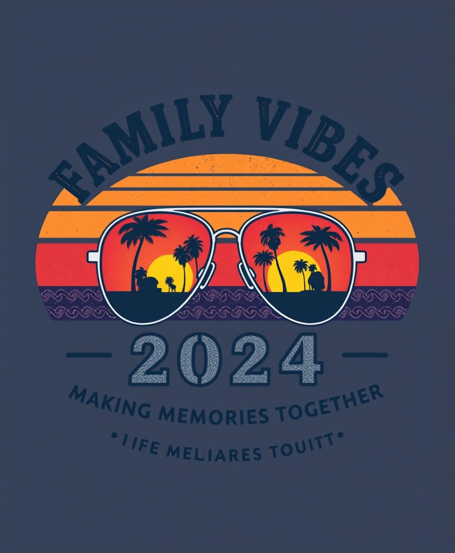 Create a vintage-style T-shirt design featuring the phrase 'Family Vibes 2024: Making Memories Together'. The design should prominently feature a pair of aviator sunglasses with lenses displaying a gradient sunset with shades of red, orange, yellow, and blue, along with silhouettes of palm trees. The numbers '2024' should be integrated within the lenses. Use a mix of bold and cursive fonts for the text to enhance the retro, nostalgic feel, and apply a slightly distressed texture to give the design a worn, classic look.