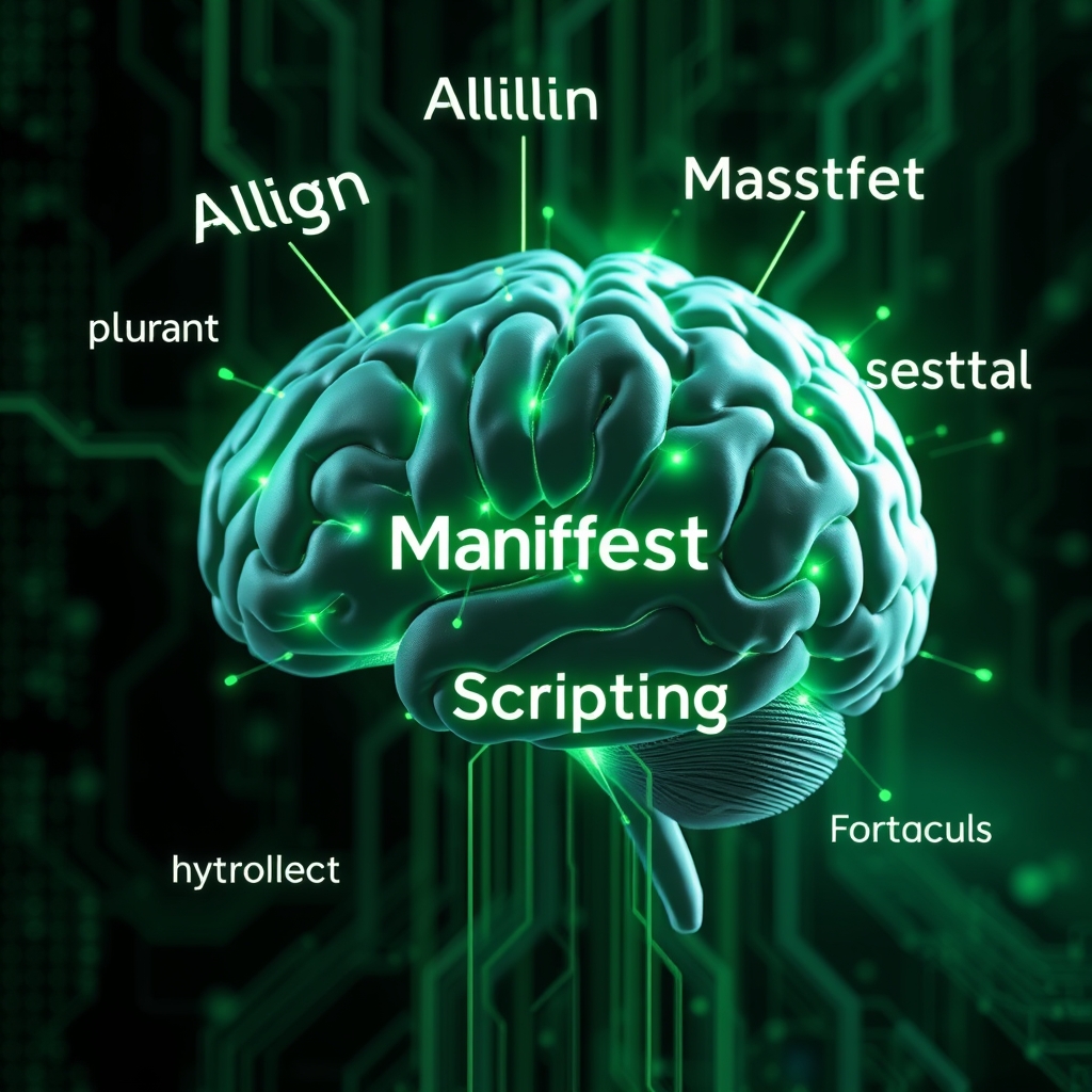 Mind Programming: An abstract visual of a brain with green circuitry lighting up, symbolizing the subconscious mind being programmed. Words like "Align," "Manifest," and "Scripting" float around the brain in a matrix-style font. 4k resolution and hyper realistic.