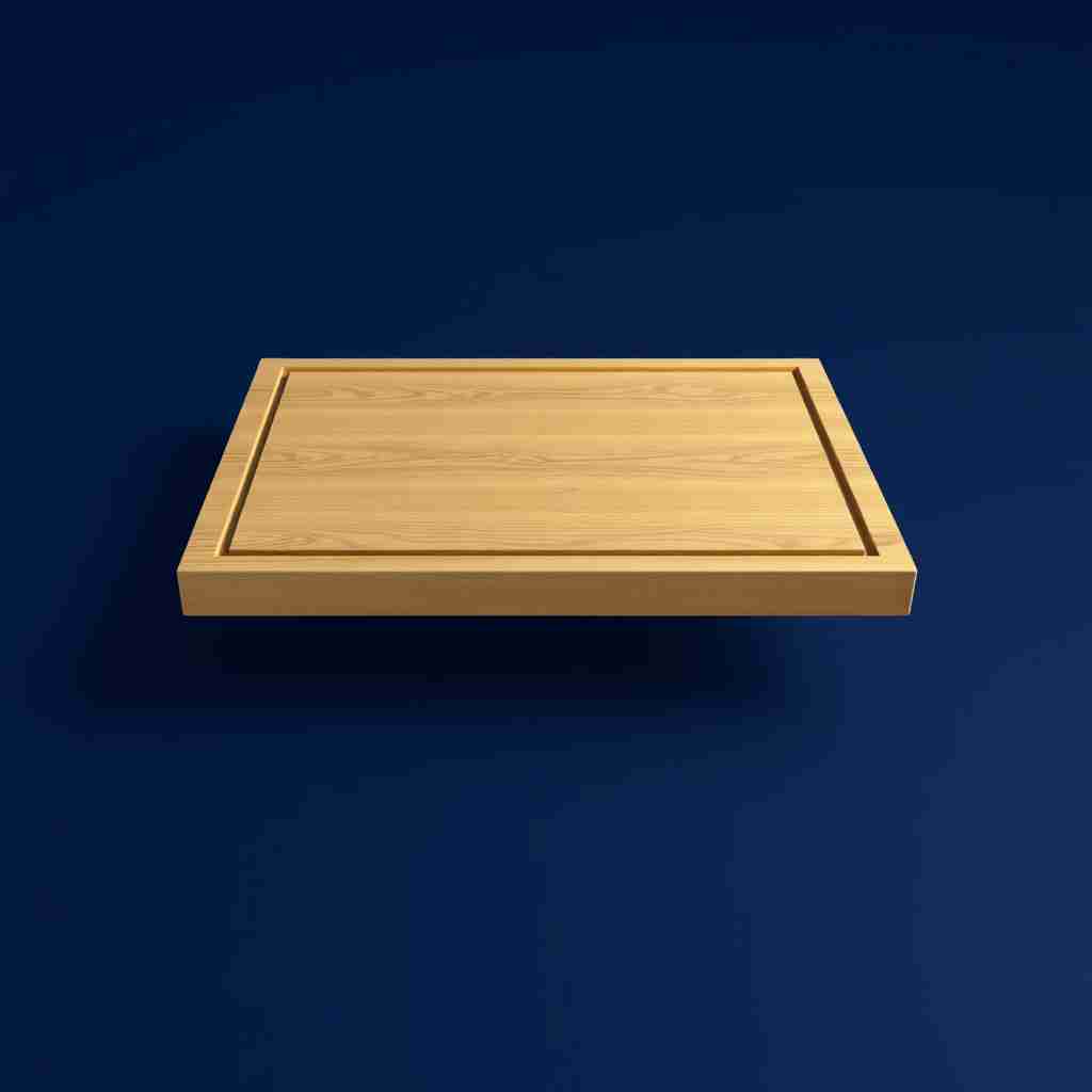 The image presents a 3D rendering of a board. The game board, made of wood, is the central focus of the image. It is a square board with a wooden top and a wooden bottom. The board is set against a dark blue radial gradient background.