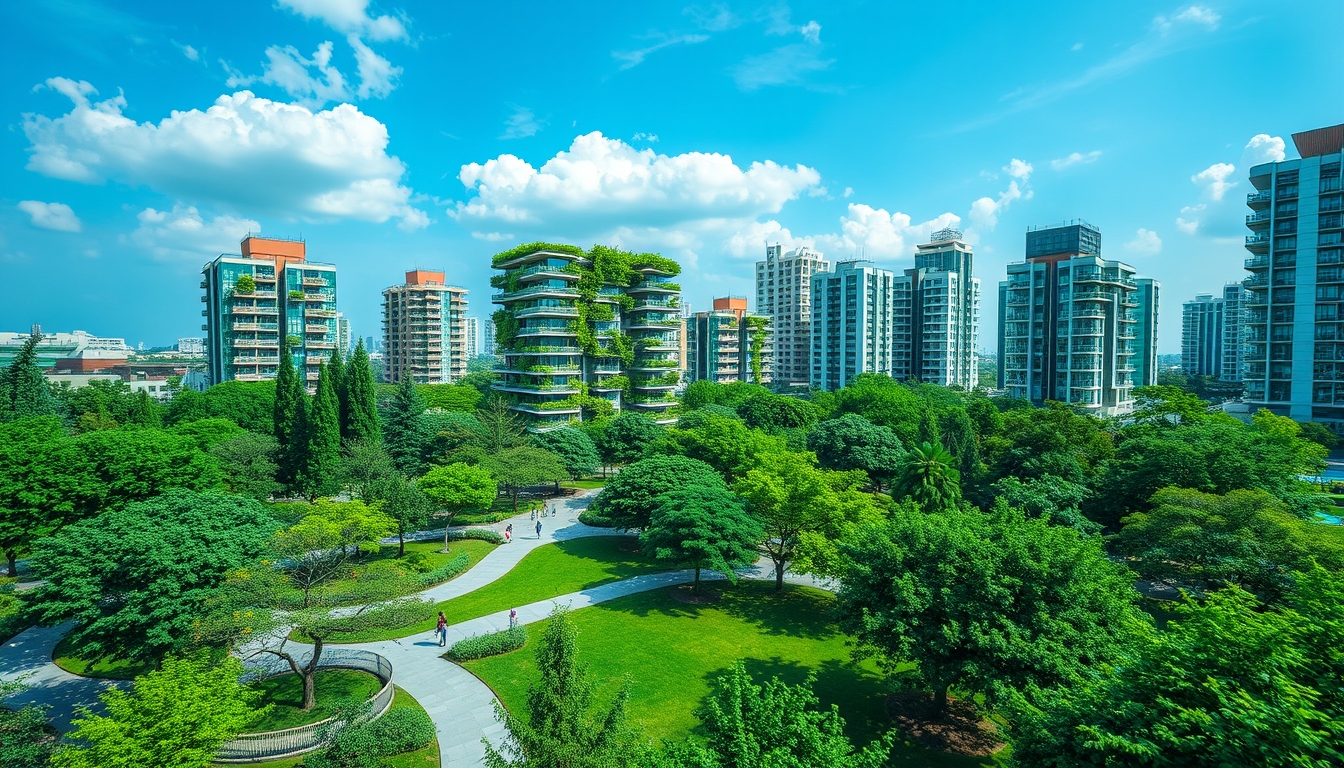 Green urban park with sustainable architecture, illustrating eco-friendly economy.