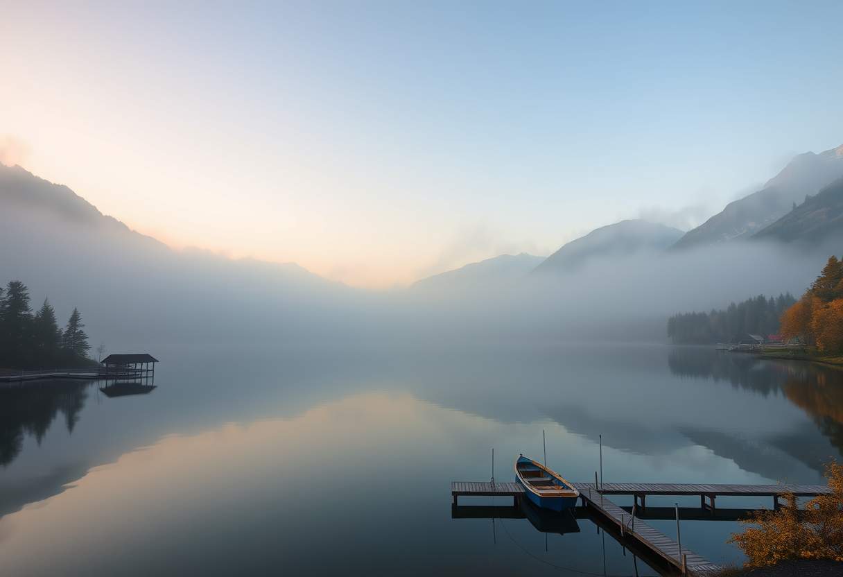 Tranquil, misty lake, surrounded by mountains, serene, high quality, photorealistic, reflection, peaceful, morning fog, autumn colors, breathtaking, idyllic::0.8 wooden pier, fishing boats, lakeside cabins, hiking trails, sunrise, sunset, misty mountains.