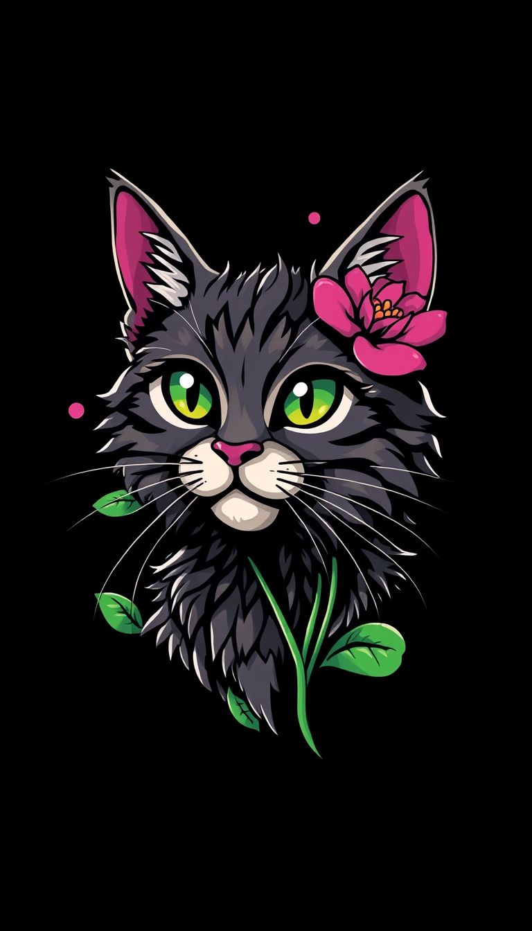 CAT FLOWER, graffiti VECTOR 3D, ART by, sullen Warner Bros. Animation, solid color, TSHIRT DESIGN ART by, sullen powell, black background.