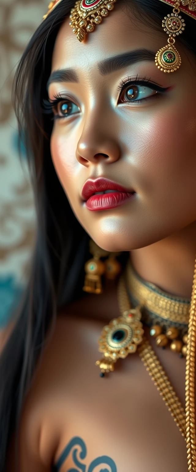 Close-up view of tattooed waist of a fair-skinned Korean Indian woman with beautiful facial features, blue eyes, wearing gold ornaments and looking sideways. - Image