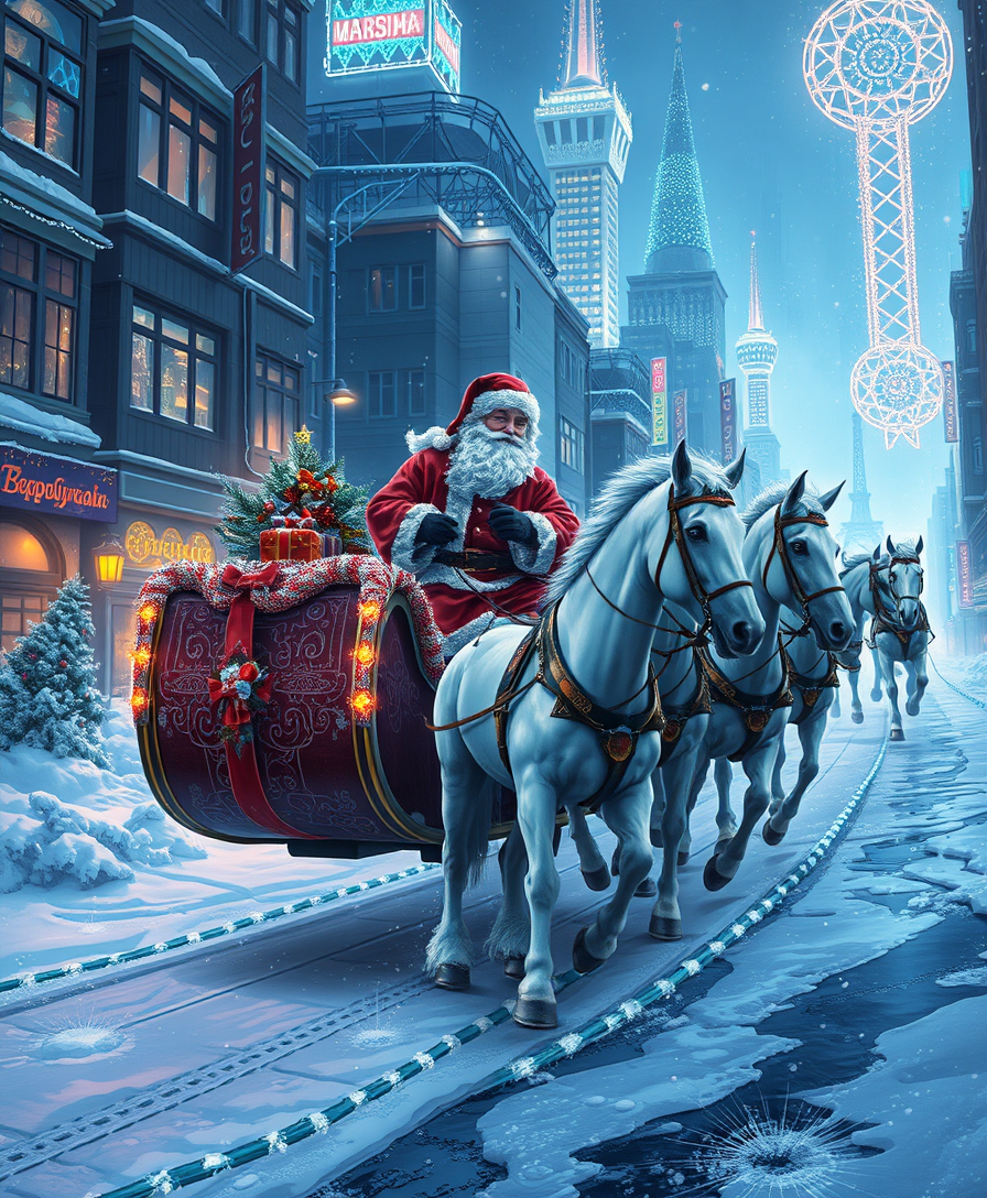 Russian Snow Grandfather rides a festive sleigh, pulled by three white horses through a futuristic cyberpunk city decorated with Christmas lights, art by Vladimir Zarubin.