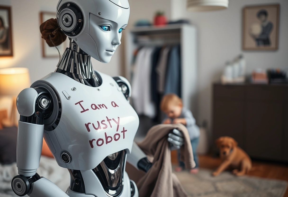 In the foreground, a beautiful female robot has a child's doodle on her chest that says, "I am a rusty robot." The robot is folding clothes in the bedroom, while in the background, a small child is playing with a puppy. - Image