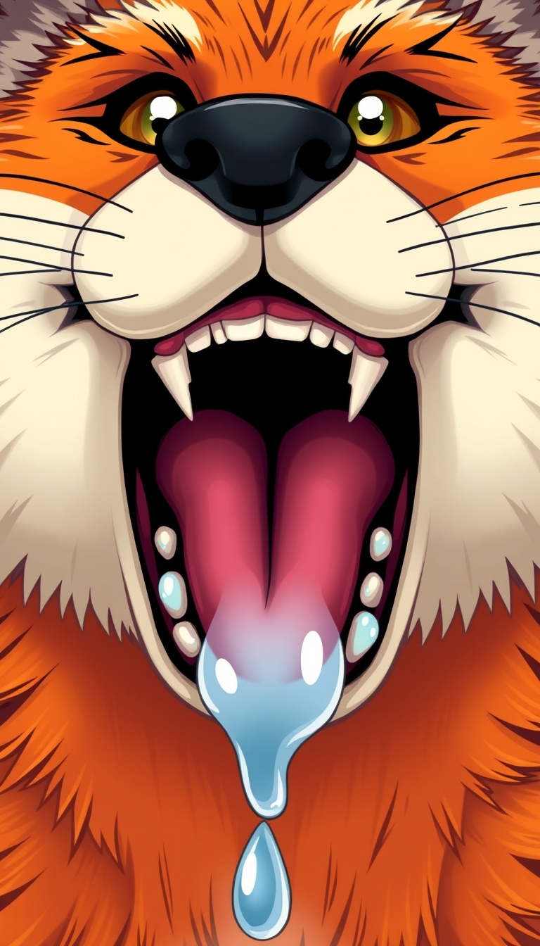 "Furry art style, cartoon style, depict the details of the fox's mouth, throat details, the throat area should be bright, details of the teeth, details of saliva, the entire mouth is filled with." - Image