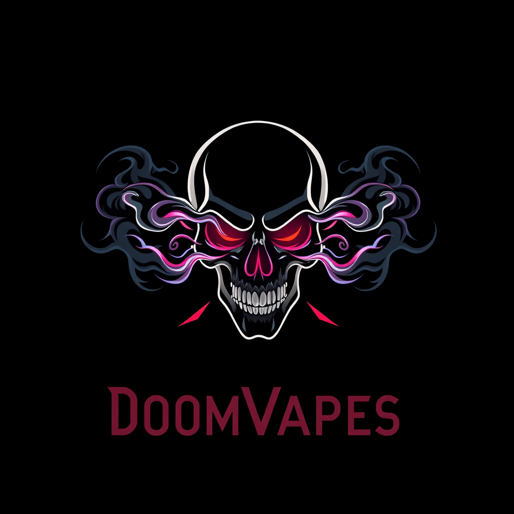 Logo for DoomVapes, a vape company, featuring a stylized skull exhaling intricate vapor clouds. Dark, gothic aesthetics with neon accents. Sleek, modern typography integrated into the design. Ominous yet alluring atmosphere. Balanced composition with skull centered. Cyberpunk-inspired elements. Matte black background. - Image