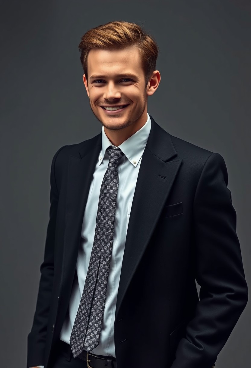 Jamie Dornan's head and body shot, handsome, young, silly smile, white shirt half buttoned, grey patterned tie, black coat suit, leather shoes, leather bag, hyper realistic, studio photography, full body photography.