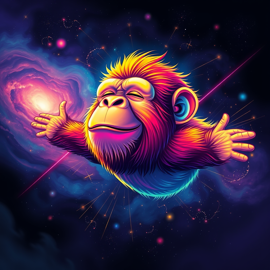 A captivating digital painting of a happy ape soaring through a dreamy, cosmic landscape. The ape sports a vibrant rainbow color palette, with flashes of color interspersed throughout the scene. The background features a starry cosmos with swirling galaxies and nebulas. The ape's eyes are closed, exuding a serene expression, while its serene smile is a testament to its peaceful state. The glitchy edges, fading to black, add a unique and striking touch to the design. The subtle acid rainbow cubic glitch effect adds depth and visual intrigue to this mesmerizing, dreamy tee shirt design.