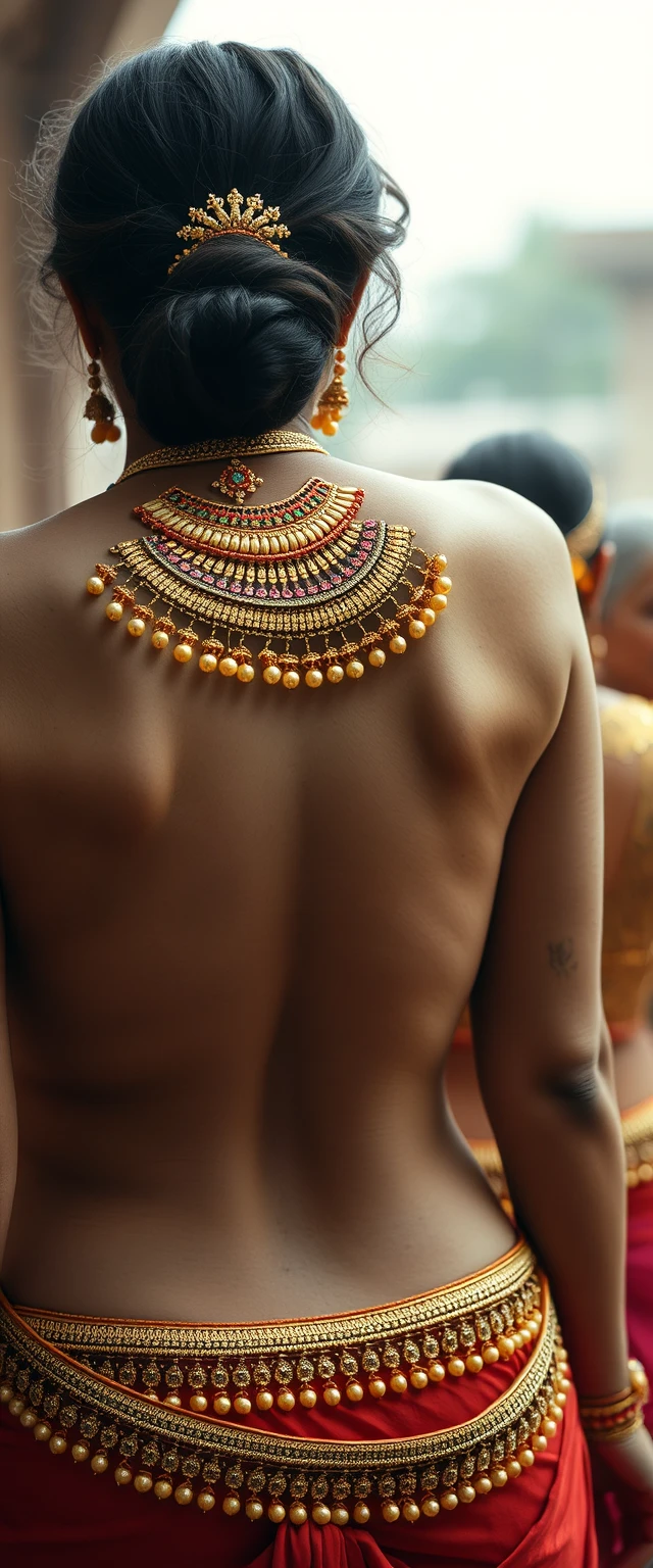 Back of white-skinned Indian busty women wearing gold ornaments on their breasts and waists.