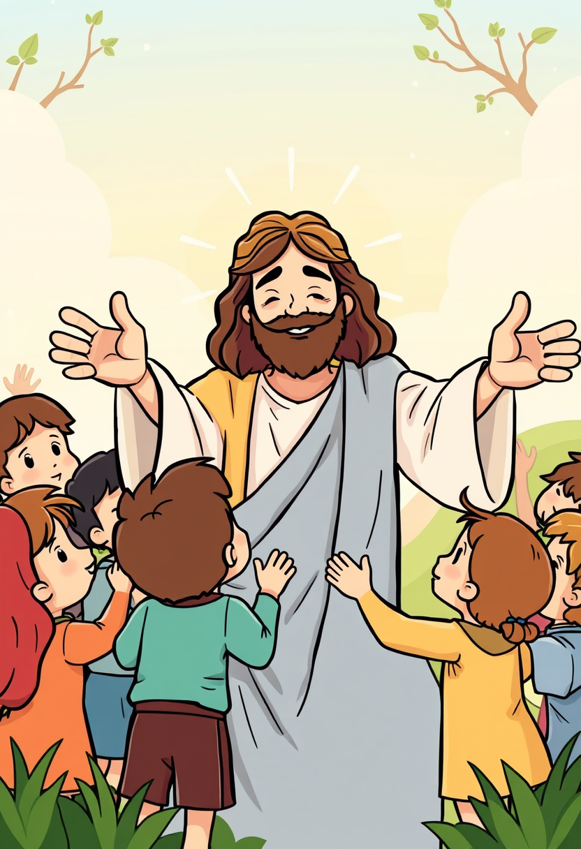 Illustrate Jesus surrounded by children, blessing them with a warm smile and open arms in a peaceful setting. cartoon style, thick lines, low details, no shading.