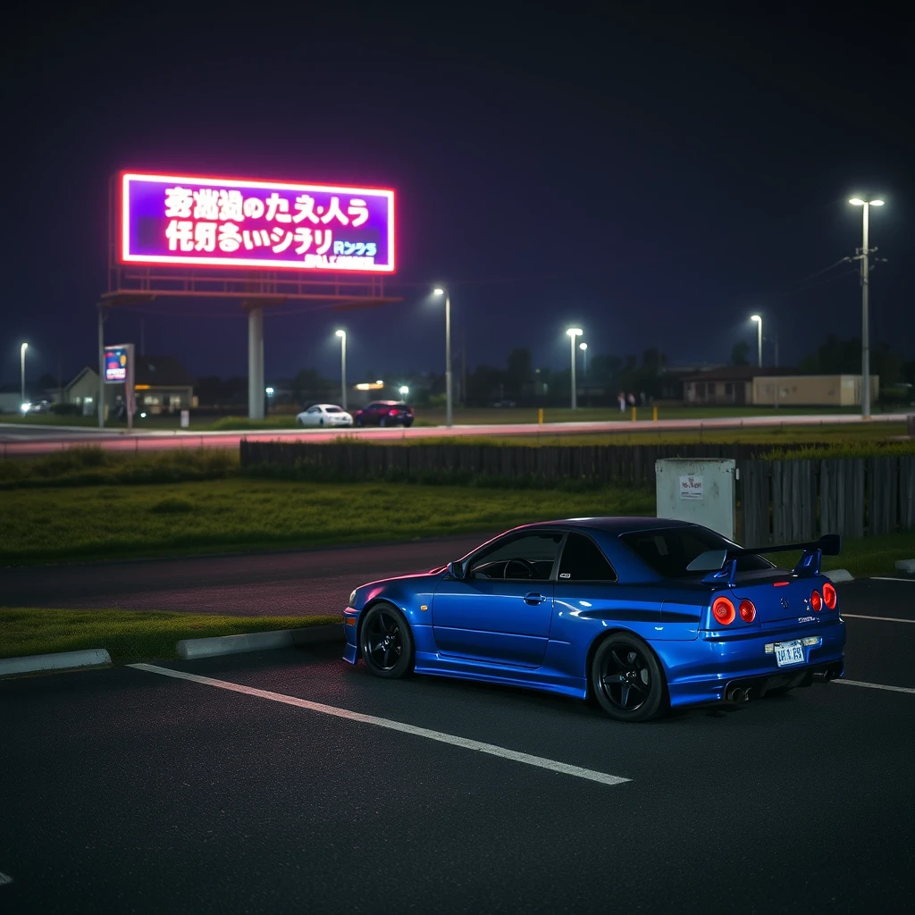 A nighttime rural parking lot in Japan, featuring a neon billboard across the street, with an R35 parked, in a blue-purple style.