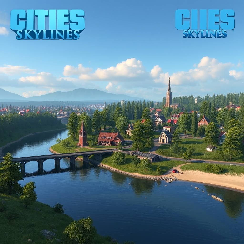 Cities: Skylines PC game, a small village in the woods by a river that flows into a lake, rail bridge near the beach.