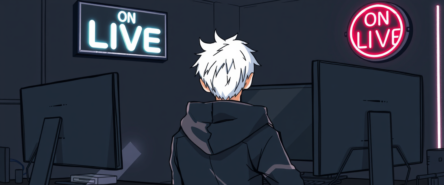 Image of a drawing of a boy with white hair and a black hoodie in a gamer setup with spotlights in front, looking at two monitors with black screens in a black room with a few neon white lights and a sign that says ON LIVE.