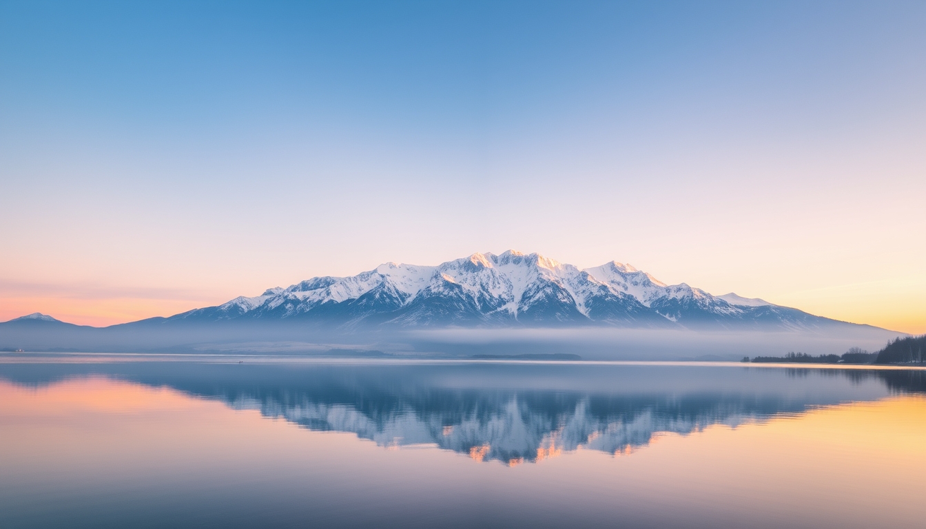 A glassy lake reflecting a snow-capped mountain range at dawn.