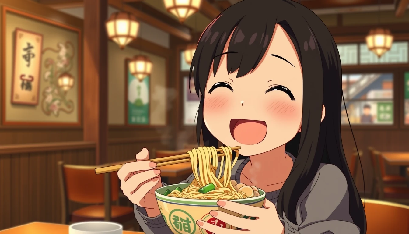 Depict a young Asian girl joyfully eating Lanzhou noodles inside a traditional Chinese restaurant. She has long black hair and is dressed in casual attire. The visual style should mimic that of Kyoto Animation, with detailed character design and warm color tones, reflecting the meticulous and vivid expressions common in Japanese animation. The background features a cozy restaurant interior with wooden tables and soft lighting. - Image