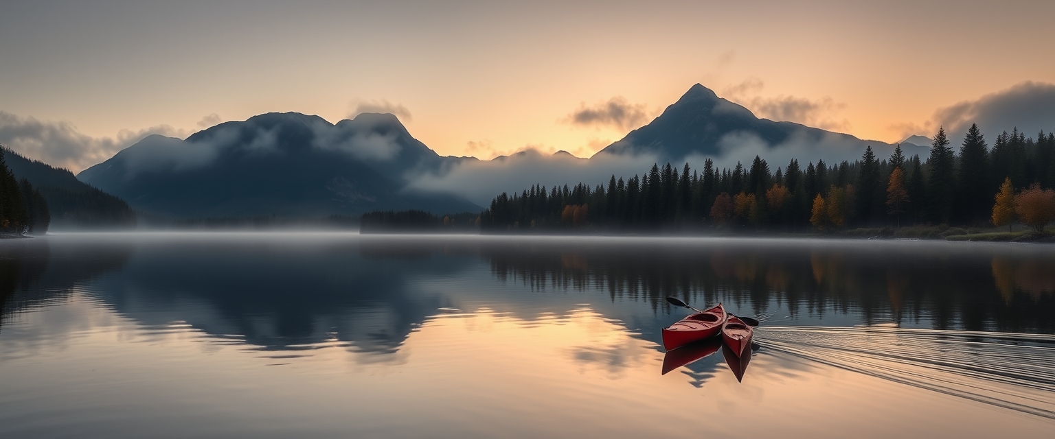 Peaceful, serene lake, mirror-like surface, misty morning, high quality, photorealistic, majestic mountains, pine trees, colorful autumn foliage, reflection, tranquil, secluded, remote, idyllic::0.7 kayaking, canoeing, rowboat, sunrise, sunset