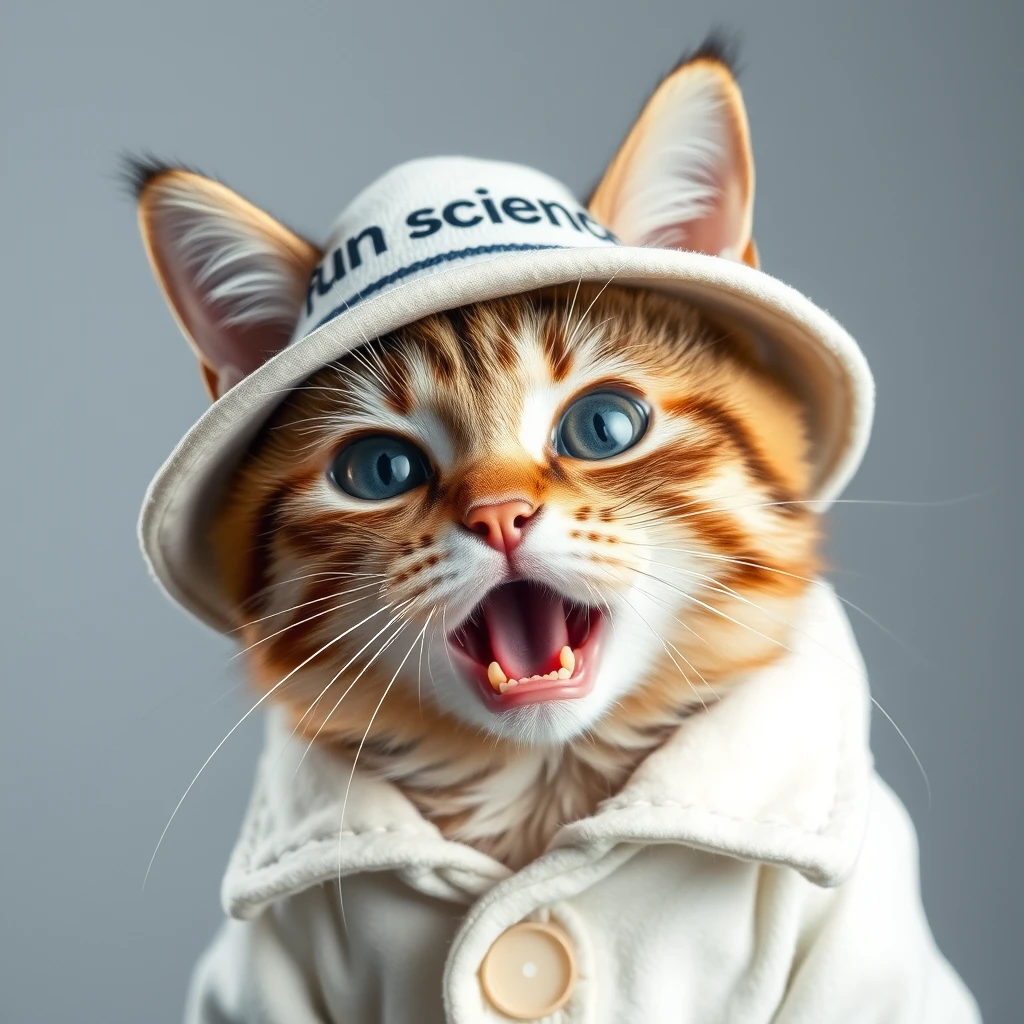 A cat wearing a hat that says "fun science" and dressed in a white coat, with very light, thin, and sparkling brown fur, a cute appearance, and its mouth open as if singing.