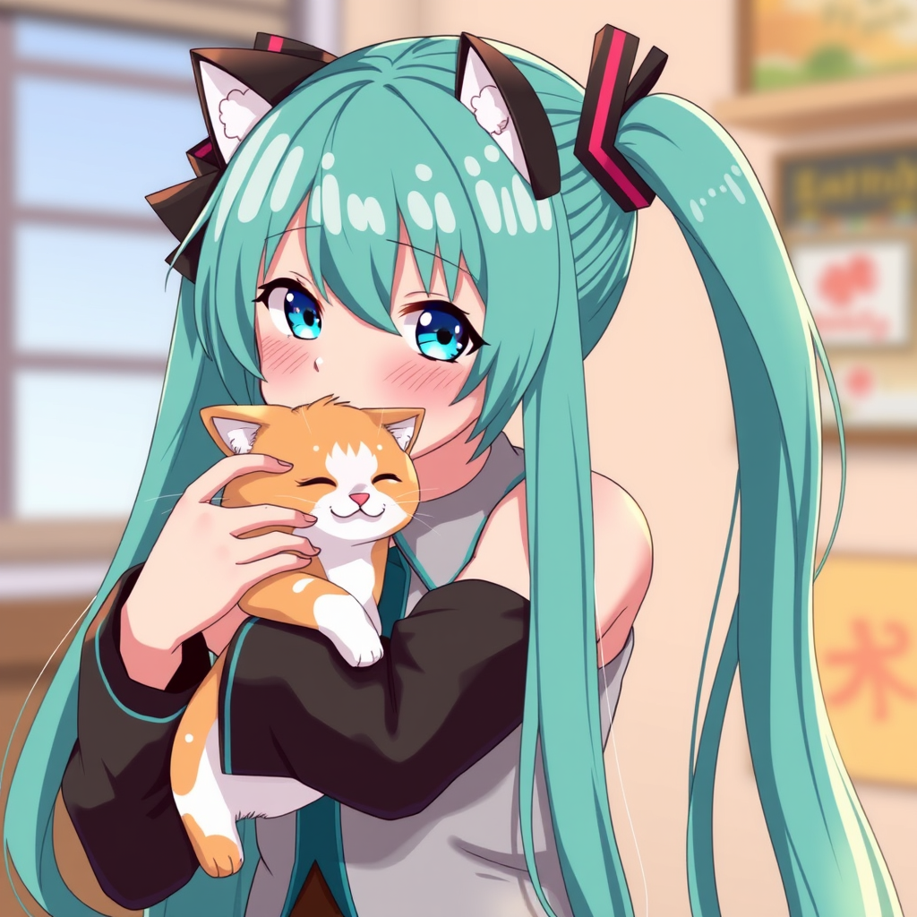 In an anime style, Hatsune Miku holding a cat.