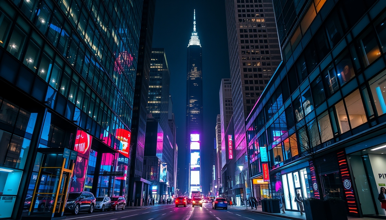 A vibrant city street at night, with reflections in the glass windows of skyscrapers.