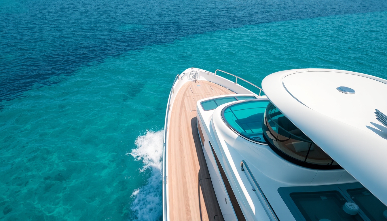 A luxurious yacht with a glass deck, cruising through crystal-clear waters.