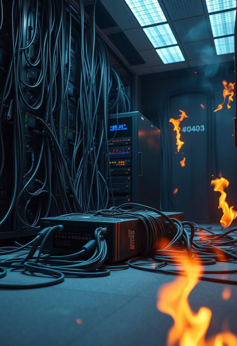 A server lying in cables wants you to end its misery, (server-room:1.3), background in flames, server, cables, can't win!, 404, sharp, detailed, cinematic, epic scale, detailed. - Image