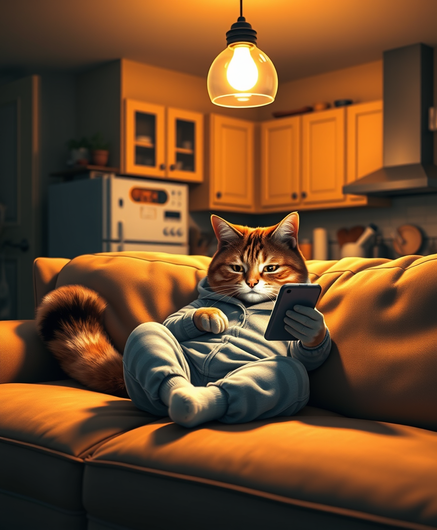 A delightful realistic photo showing a charming anthropomorphic cat dressed in cozy pajamas and lounging on a soft sofa in a dimly lit room. A cat with a fluffy tail and expressive eyes stares intently at his smartphone, immersed in digital content. The warm golden light of the pendant lamp creates a soft glow, creating a cozy and relaxing atmosphere. In the background, there is a simple kitchen area with cabinets, countertops, and various kitchen utensils, which creates an atmosphere of comfort and well-being in the house. This charming scene evokes a feeling of serenity and warmth and is ideal for a calm evening or night setting. - Image