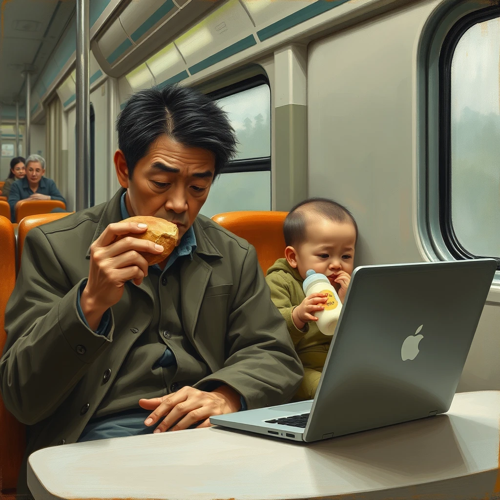 "A realistic painting style, a sad Chinese programmer sitting on a train, holding bread in his left hand while feeding his child with a milk bottle in his right hand, his eyes focused on a laptop, his hair thinning, and his wife sitting beside him, looking at him with sorrow." - Image