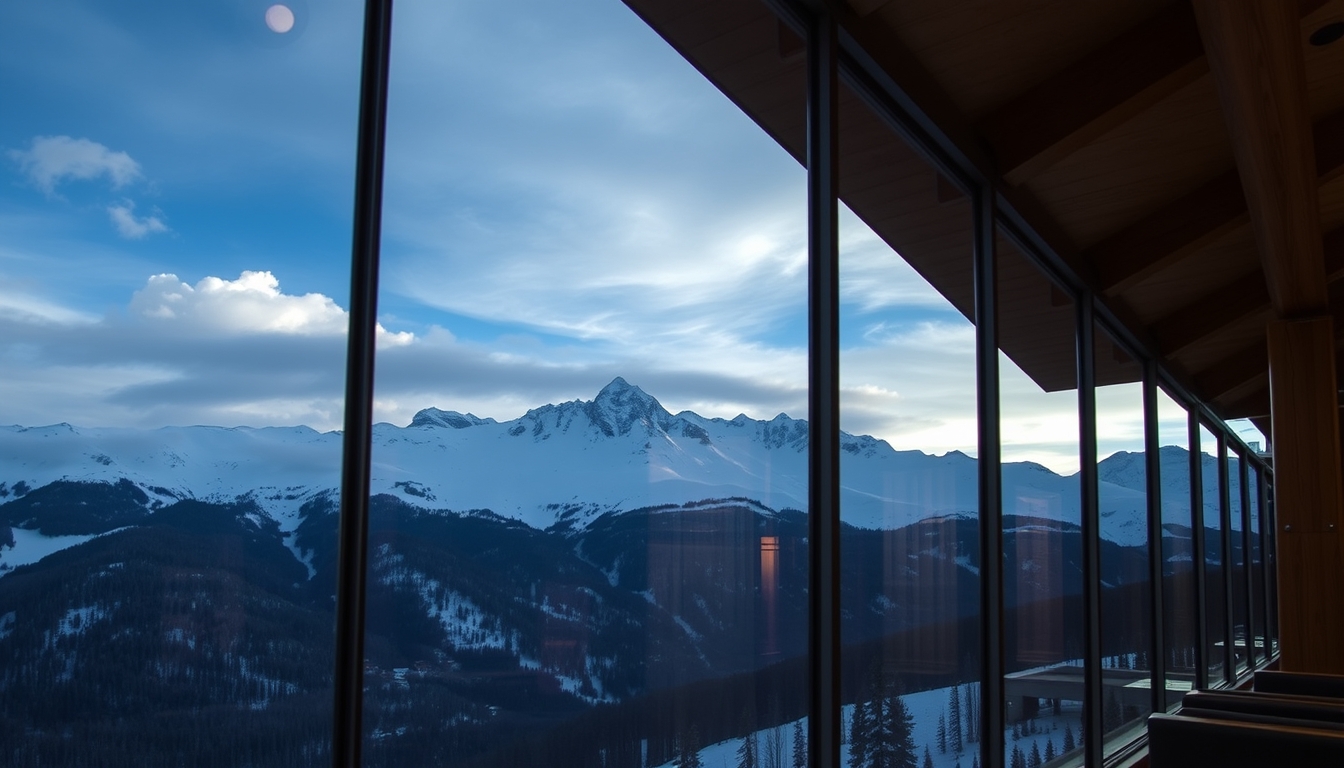 A dramatic mountain landscape viewed through the glass walls of a ski lodge.