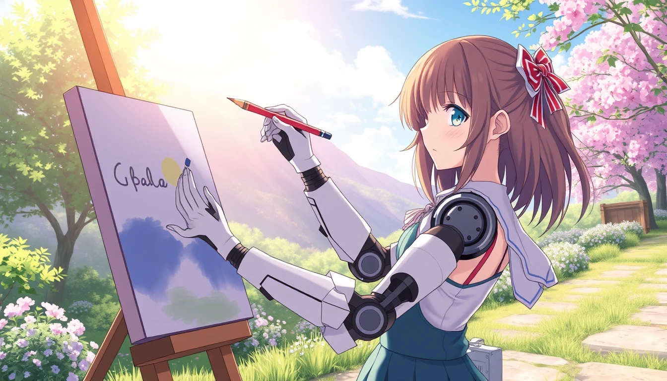 A lovely girl, but with a pair of mechanical arms, is painting outdoors in the bright sunshine and beautiful scenery. In Japanese anime style. - Image