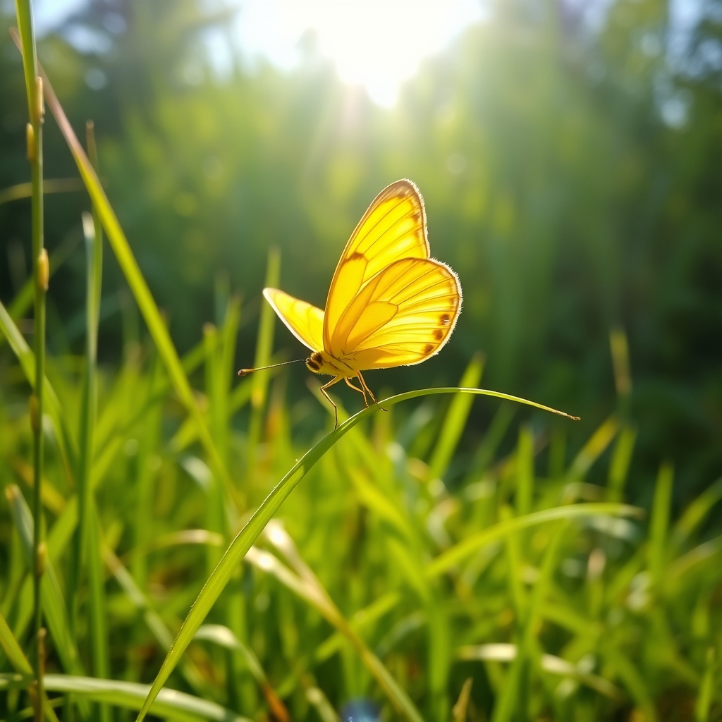 A beautiful yellow butterfly perched on a blade of grass in a field, with soft sunlight shining through the foliage.