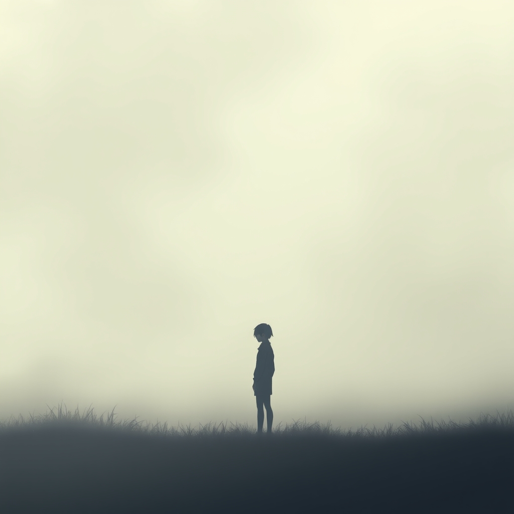 A silhouette of a person standing quietly in the fog. It conveys feelings of loneliness and longing, anime style. - Image