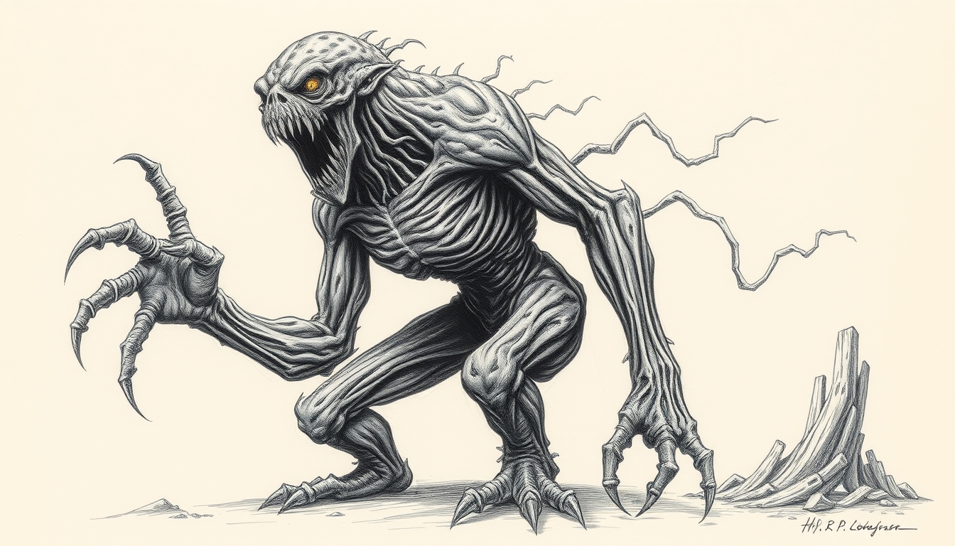 Horror Monster created by H.P. Lovecraft Drawing, full body