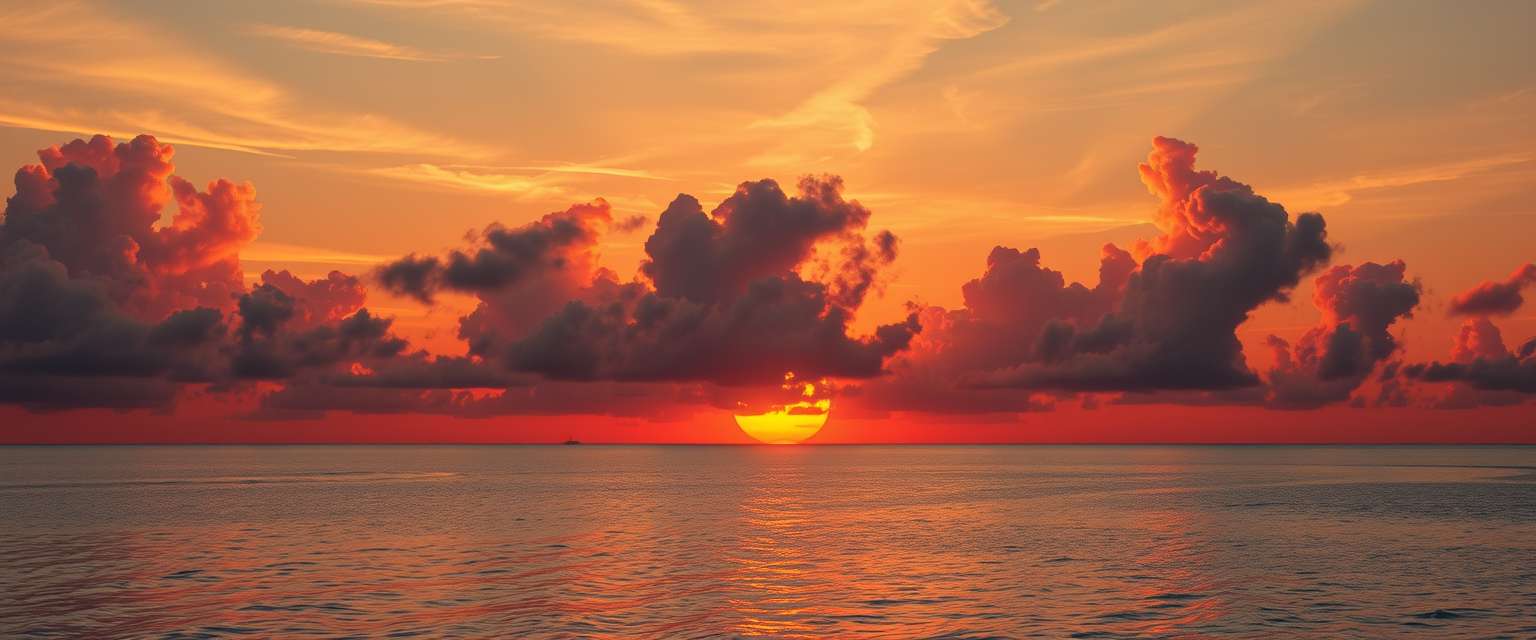 fiery sunset, clouds, high quality, photorealistic, evening sky, reflection, serene, seashells