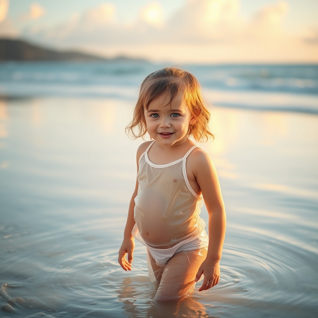 cute little girl on the beach in clear plastic swimsuit