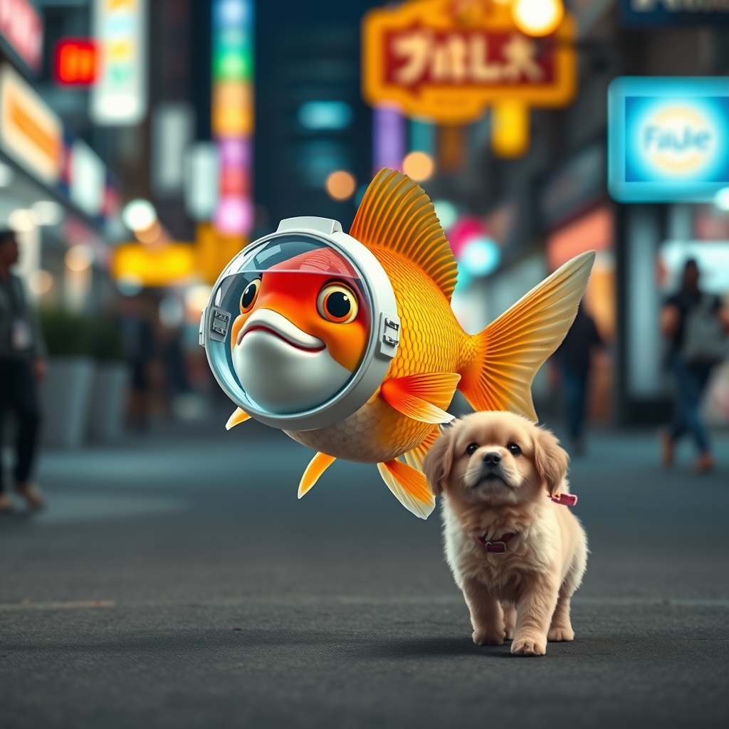 A cute happy goldfish wearing a fish bowl as a breathing mask (half filled with water) is walking a cute dog on a leash in the streets at night, colorful city lights, happily laughing, mouth open, cute face, walking on fins (no legs), fluffy dog in front, silly walk, ultra realistic, realism.