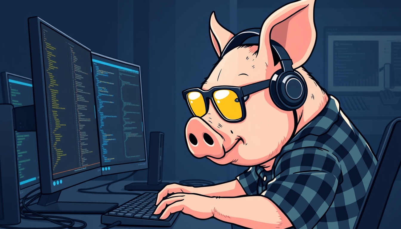 A tech-savvy pig coder, wearing yellow-tinted glasses and sleek noise-cancelling headphones, hunches over a cutting-edge multi-monitor setup. The anthropomorphic pig exudes focus, typing furiously while wearing a plaid t-shirt. - Image