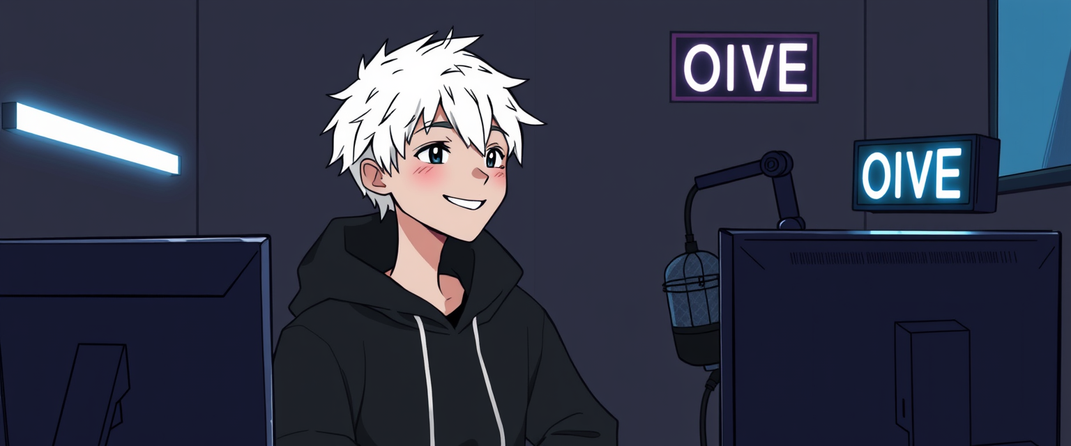 Image drawing of a boy with white hair, smiling in a black hoodie in a gamer setup with lights in front, looking at 2 monitors with black screens in a black room with few white neon lights and 1 sign that says ON LIVE at the top right in small white letters, with 1 podcast-type microphone and 1 camera on top of a monitor to his right.