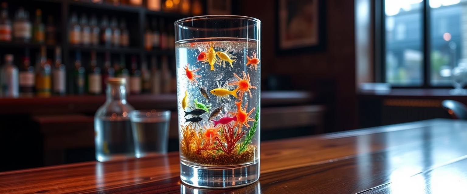 When I drink this cocktail I feel like I am drinking a whole ecosystem. Colorful creatures swim in its tall crystal clear glass. The backlight in the pub makes them so much more interesting.