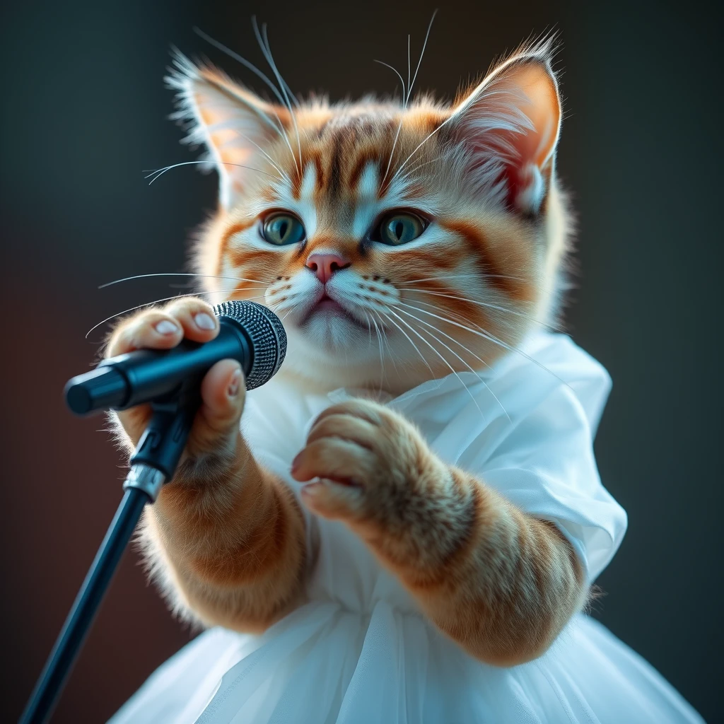 A cat dressed in a white gown, with very light and thin shimmering brown fur, a cute appearance, a human-like pose, and a mouth shape that looks like it's singing while tightly holding a microphone.