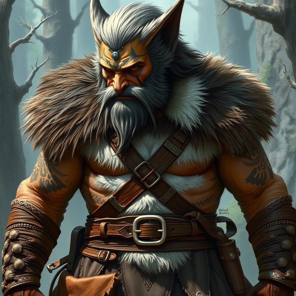 Dungeons & Dragons barbarian, clad in few belts of leather adorned with fur and tribal patterns. Color scheme and outfit is medieval version of Wolverine X-Men but redesigned to remind one of an actual wolverine. A light-silvery facial mask is distinct in some individuals, and a pale buff stripe runs laterally from the shoulders along the side and crossing the rump. Prominent white hair patches on the chest. The style is reminiscent of classic fantasy illustrations, with a touch of realism, showcasing the intricate textures and the wild nature of the scene.